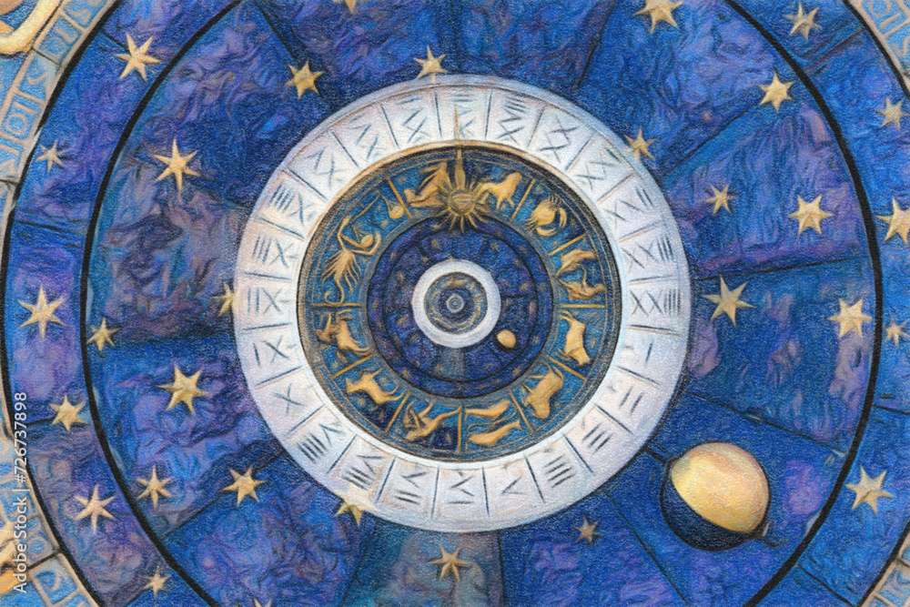 Astrological background. Vintage illustration art, grunge design. Concept of destiny, fortune, esoteric, magic, mysterious