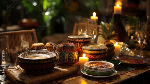 Candlelit table setting with intricate pottery creates a warm  inviting dining atmosphere