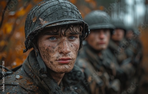 A fierce group of soldiers donning military helmets and camouflaged uniforms, exuding strength and determination in the face of battle © Larisa AI