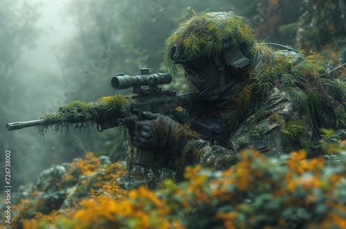 Amidst the lush greenery  a hunter lurks in the shadows  his camouflage blending seamlessly with the forest as he grips his weapon  ready to defend against any threat in the great outdoors