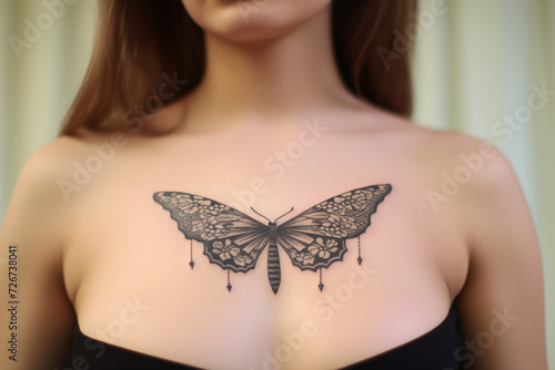 Black butterfly tattoo on skin. Black butterfly tattoo on chest. Woman's tattoo, butterfly. Flower tattoo. Tattoo ideas for women. Tattoo parlor. Tattoo artist profession.​