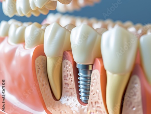dental tools, tooth human implant - 3D illustration. sectional ceramic dental prosthesis. Concept prosthetics Implant tooth attached to jaw with pin