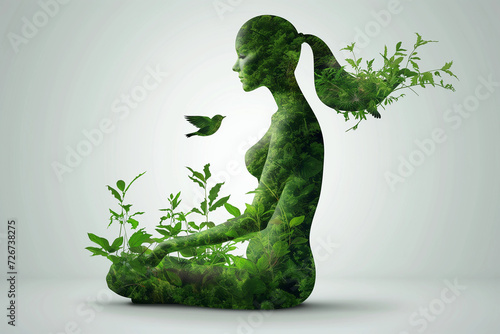 Eco friendly logo, women silhouette touched with green plants