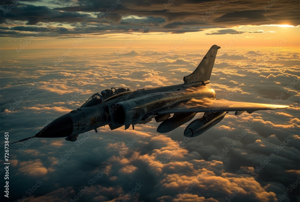 As the sun sets on the horizon, a powerful jet soars through the clouds, showcasing the beauty and innovation of aerospace engineering in the realm of air travel - obrazy, fototapety, plakaty 