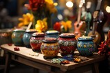 Vibrant ceramic pots on a wooden table with flowers and stringed instruments