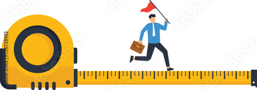 Business success measurement, Business goal and achievement or growth metric analysis, Businessman using measuring tape to measure and analyze distance from target flag concept,
