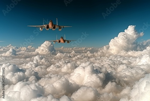 Graceful wings glide through the boundless sky, as two planes soar above the puffy white clouds, a symbol of modern air travel and the ingenuity of aerospace engineering