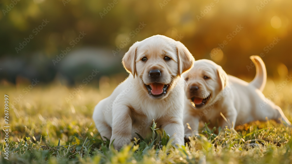 two cute labrador puppies playing on the grass, generative ai