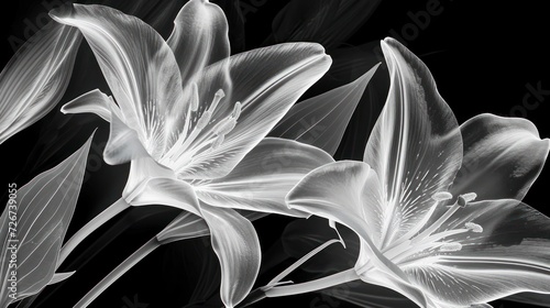  a black and white photo of two flowers on a black background  with one flower in the foreground and the other in the background.