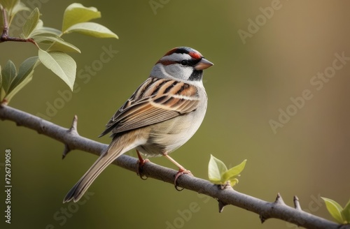 World Sparrow Day, international Bird Day, little sparrow on a tree branch, sunny day, green background © Svetlana Leuto