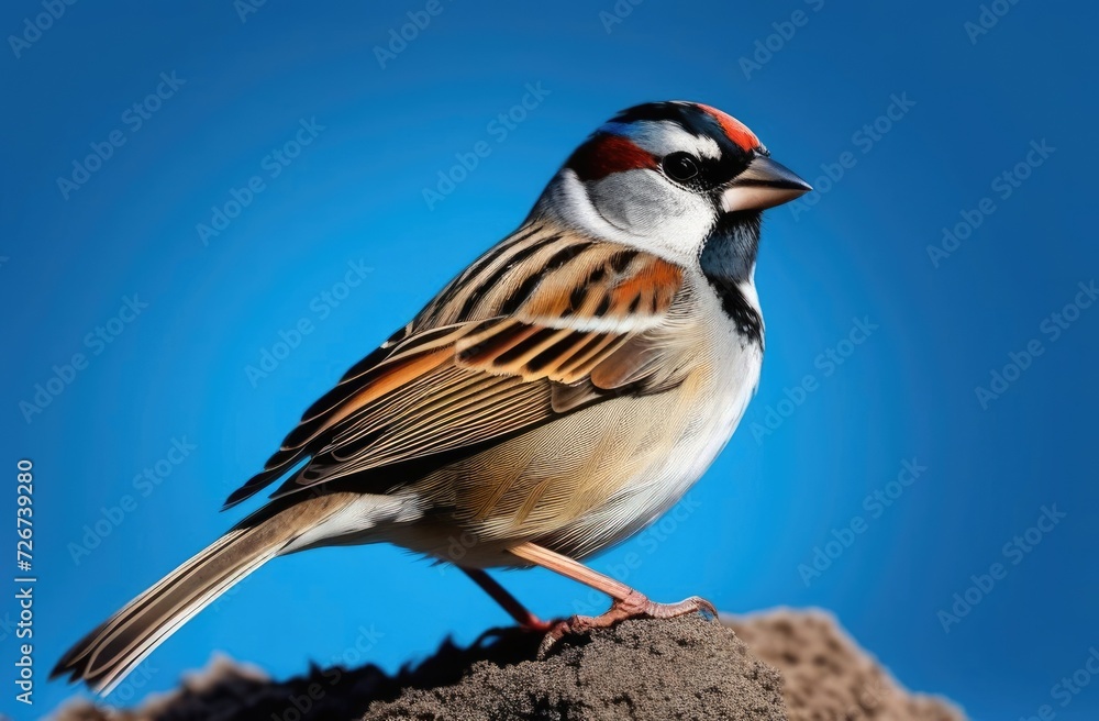 World Sparrow Day, international Bird Day, little sparrow on a tree branch, blue background World Sparrow Day, international Bird Day, little sparrow on a tree branch, blue background