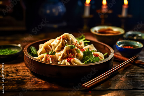 Indulge in the savory allure of dumplings gyoza, paired perfectly with soy sauce. Captured with selective focus and complemented by chopsticks.