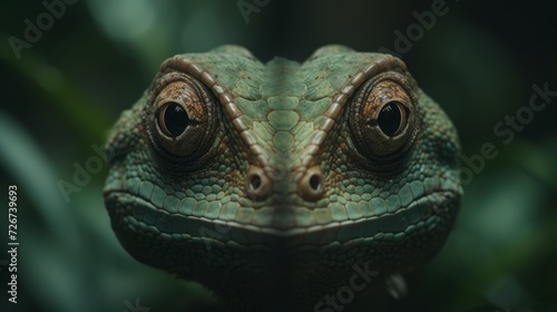 A macro shot of a green iguana. Completely green background