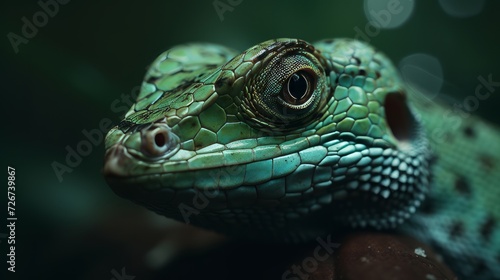 A macro shot of a green iguana. Completely green background