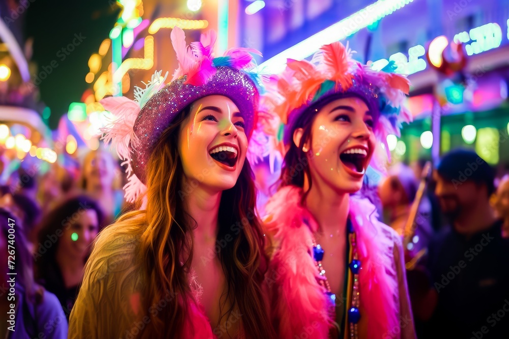 Two joyful women in vibrant feathered hats and glittery outfits celebrate together at a lively street carnival at night.