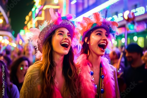 Two joyful women in vibrant feathered hats and glittery outfits celebrate together at a lively street carnival at night.