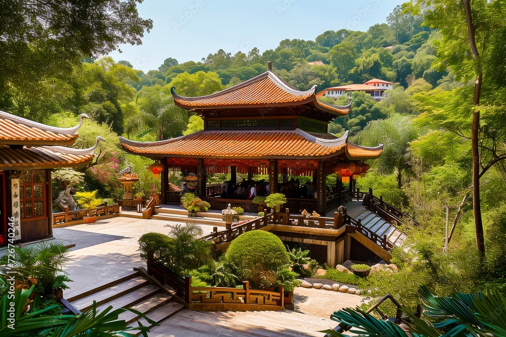Traditional Chinese temple with red lanterns surrounded by lush greenery in a serene garden setting. Traditional Chinese temple with red lanterns surrounded by lush greenery in a serene garden setting.