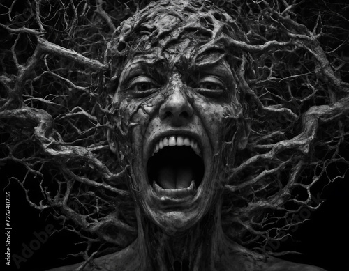 a screaming man is entwined in branches, his face full of horror and pain. mental disorders concept