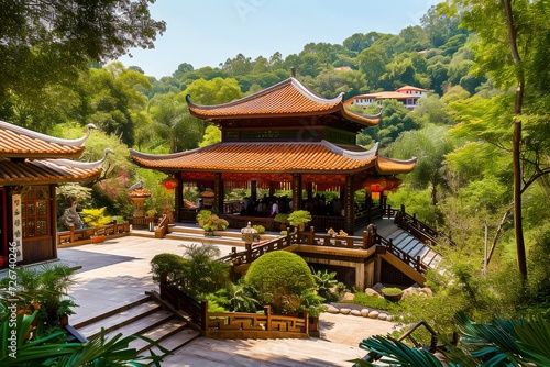 Traditional Chinese temple with red lanterns surrounded by lush greenery in a serene garden setting.