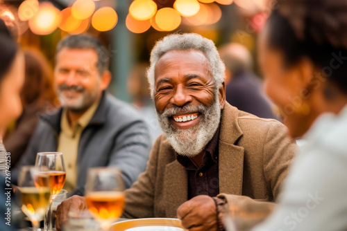 Joyful senior African American man smiling during a casual outdoor dinner party with friends and family.