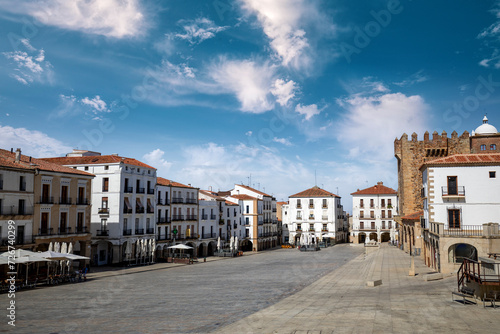 Nice view of the Plaza Mayor in Cáceres, Extremadura, Spain, with midday light