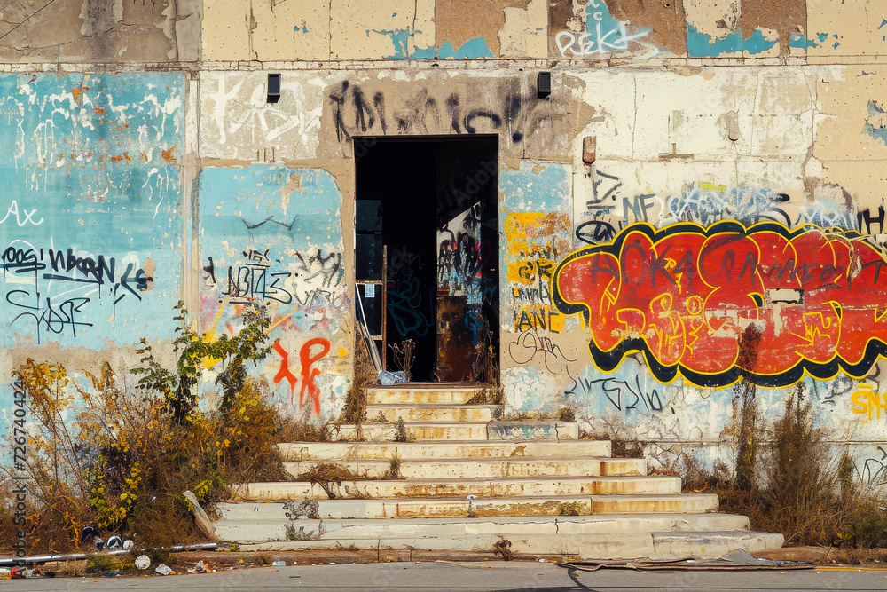 An old abandoned building with graffiti-covered walls and a vandalized entrance, showcasing urban decay and street art. An old abandoned building with graffiti-covered walls and a vandalized entrance, showcasing urban decay and street art.