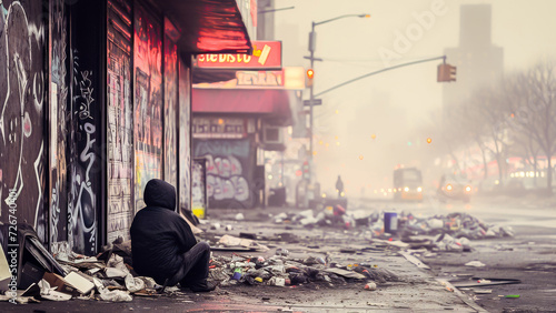 A solitary figure sits huddled on a grimy city street amidst trash, depicting urban poverty and homelessness. photo