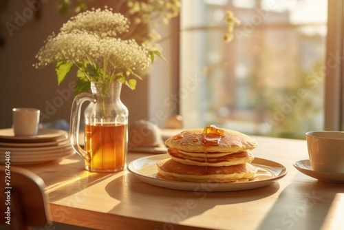 Breakfast Bliss: Fluffy Pancakes with Maple Syrup on a Trendy Kitchen Table