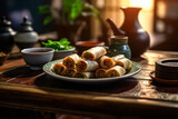 Savor the delightful essence of Asian cuisine with a top view of a bowl filled with Fried Spring Rolls and Cold Rice Vermicelli, adorned with delectable sauce.