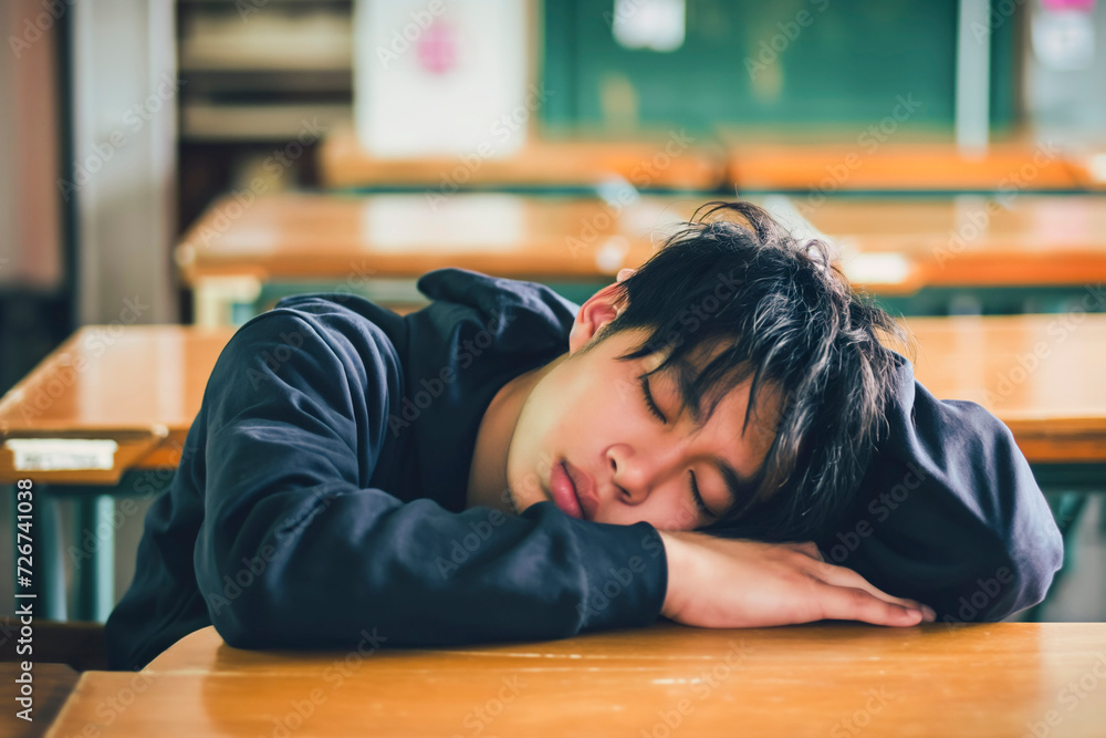 Bored asian student sleeping on his desk in the school classroom while holding his head with his hand Bored asian student sleeping on his desk in the school classroom while holding his head with his hand