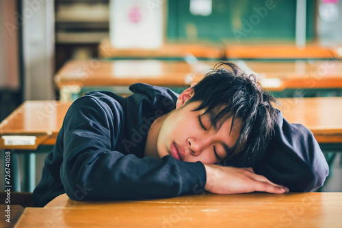 Bored asian student sleeping on his desk in the school classroom while holding his head with his hand