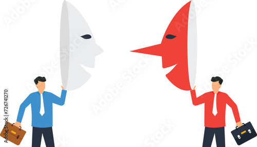 Dishonesty partnership or fake agreement, Liar or suspicion fraud, Betrayal or disguise deals and hidden threat ready to stab behind concept,

