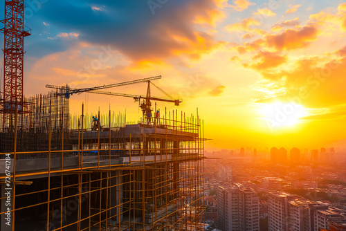 building under construction, industrial development, construction site engineering. Crane and scaffolding at sunset