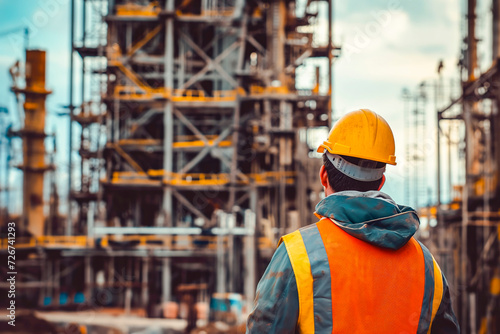 Worker wearing hardhat helmet and safety vest observing a building under construction