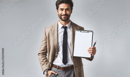 A man in a stylish suit holding a clipboard and a pen, ready to write down important information