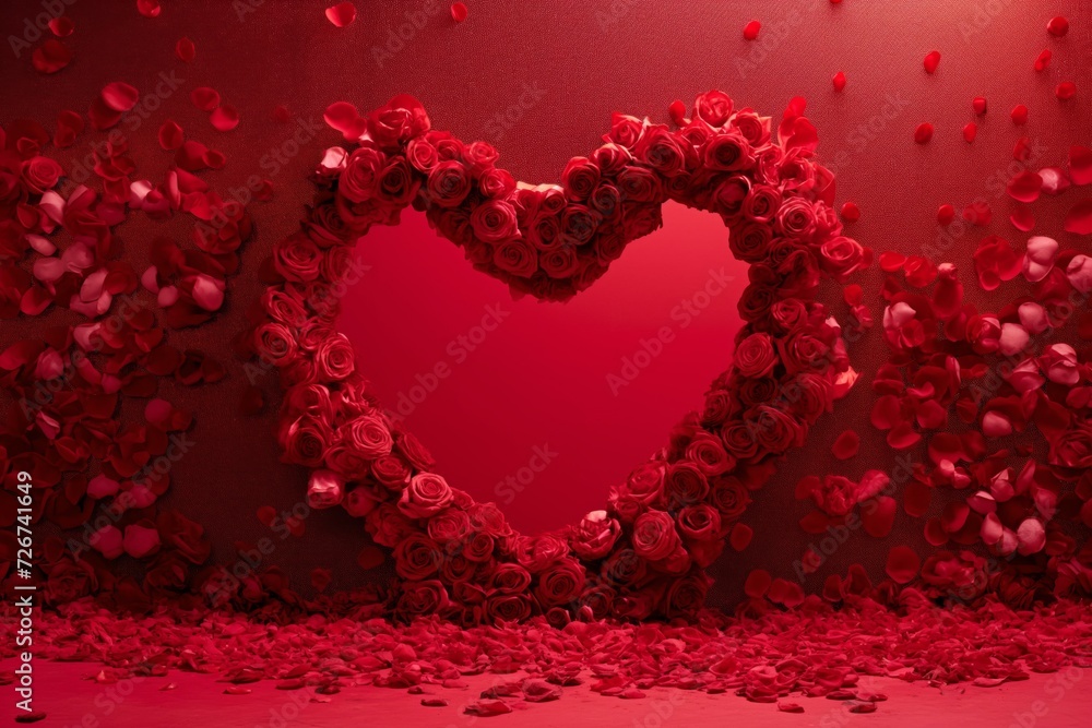 Heart Shaped Red Rose Arrangement on Red Background