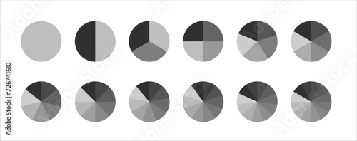 Circles divided diagram isolated. PNG Segment circle set. Pie chart templates divides on 2, 3, 4, 5, 6, 7, 8, 9, 10, 11, 12 equal parts.