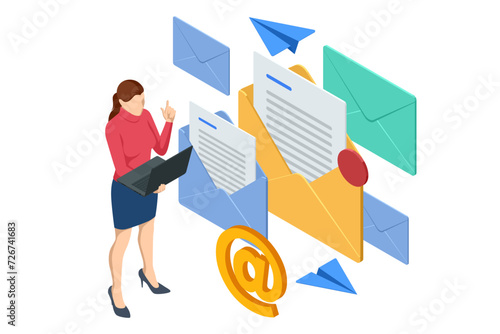 Isometric email, business e-mail communication and digital marketing, electronic message alert
