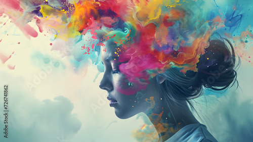 double exposure lady in colorful smoke portrait, generative ai