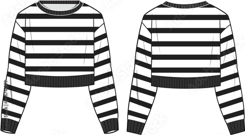 Women's Nautical Striped Crop Jumper- Technical fashion illustration. Front and back, white colour. Women's CAD mock-up.