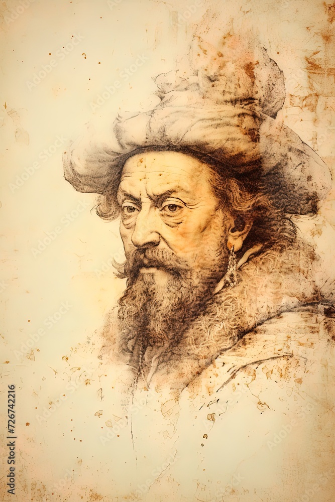 Portrait of an old man from the Renaissance with ink and watercolor. Portrait of an old man from the Renaissance with ink and watercolor.