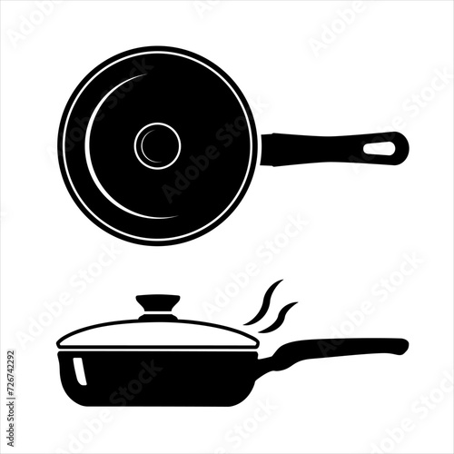 Frying pan with lid. Frying pan with handle top and side view. Dishes for cooking, frying food. Kitchen utensils icons. Vector Black Empty Frying Pan isolated image