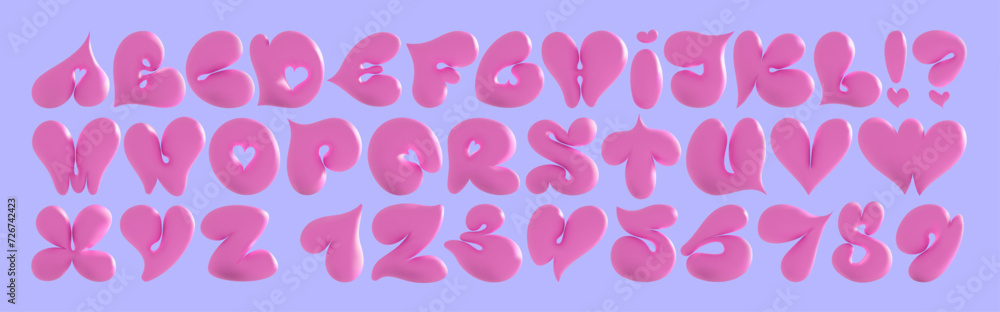Volumetric 3D balloon Alphabet of hearts for Valentine's Day. Pink bright feminine font in Korean style Y2k. Bold and defiant playful forms. Love letter.