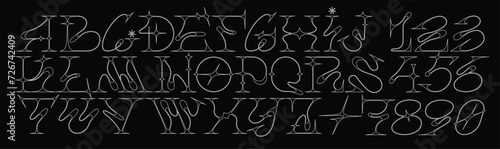 Y2k girly gothic  alphabet  with star shapes. Acid font . Trendy number and letter design. Sparkle figures. Neotribal emo style lettering. Fine line and sharp edges, inspired by metal music