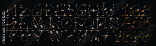 Y2k liquid font. Gothic  alphabet  with star shapes. Acid form . Trendy number and letter design. Sparkle figures. Neotribal emo style lettering. Fine line and sharp edges, inspired by metal music