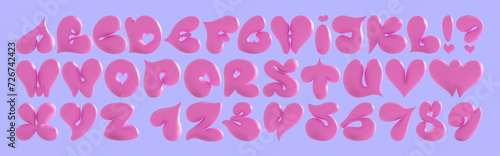 Volumetric 3D balloon Alphabet of hearts for Valentine's Day. Pink bright feminine font in Korean style Y2k. Bold and defiant playful forms. Love letter.