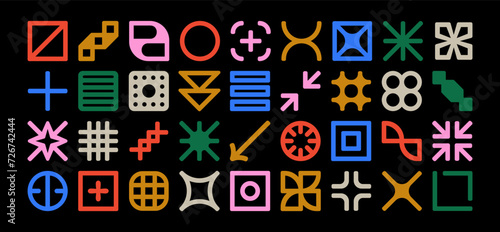 Set of vector abstract geometric linear icons of arrows and grids in memphis style,	
