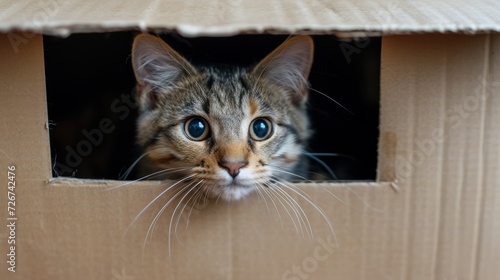 A sad cat that was abandoned and lives on the street in a cardboard box, waiting to be adopted.Generated AI © Stefan95