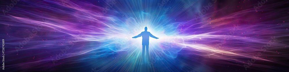 Human practice mind soul healing exercise reach with abstract aura spirituality around