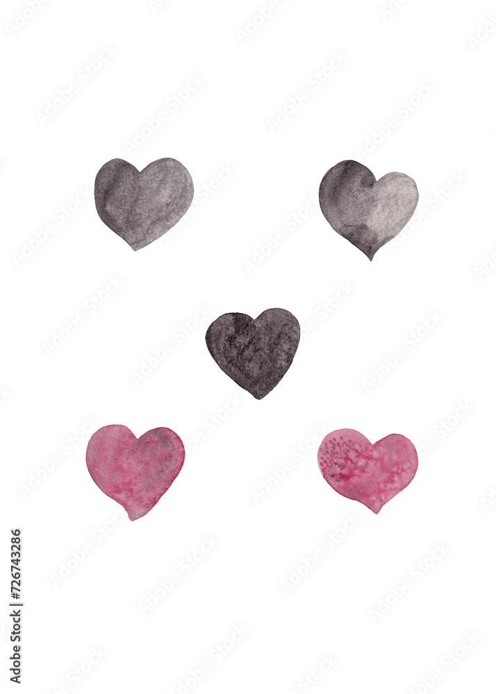 Set of watercolor hearts in ruby and black colors